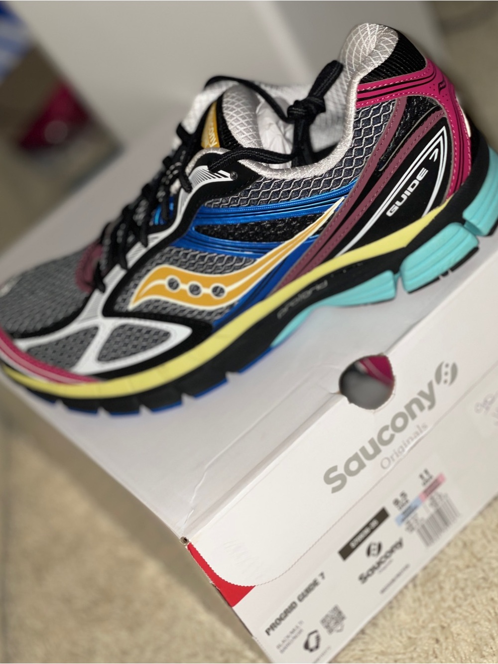 Saucony Progrid Guide 7 Black with Blue, Pink & Yellow Accents